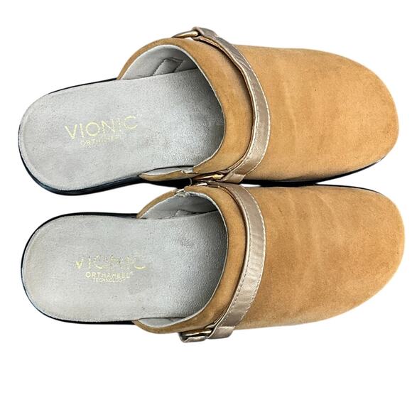 Vionic Tan Suede Leather Slip On Comfort Wedge Heel Clog Mule Women 6 - Picture 5 of 8